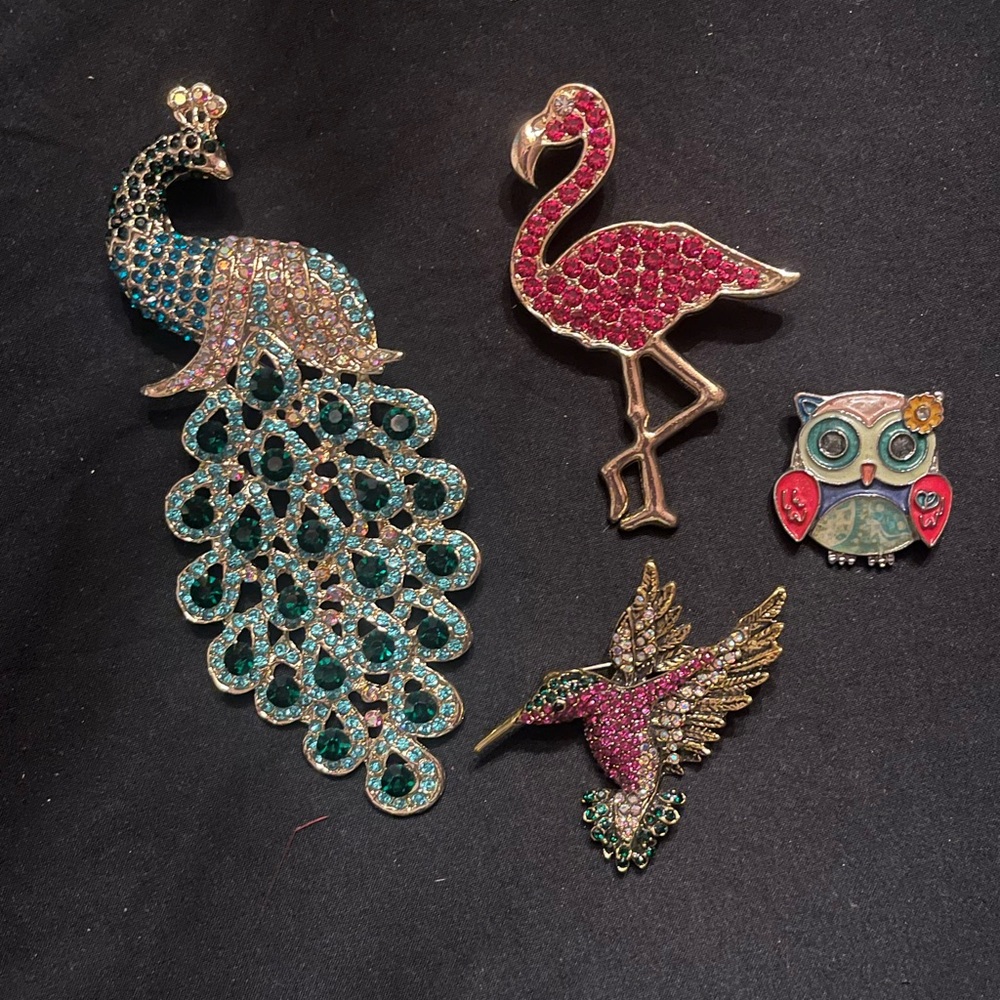 Colorful Animal Brooch Set Peacock Owl Flamingo Hummingbird vintage style